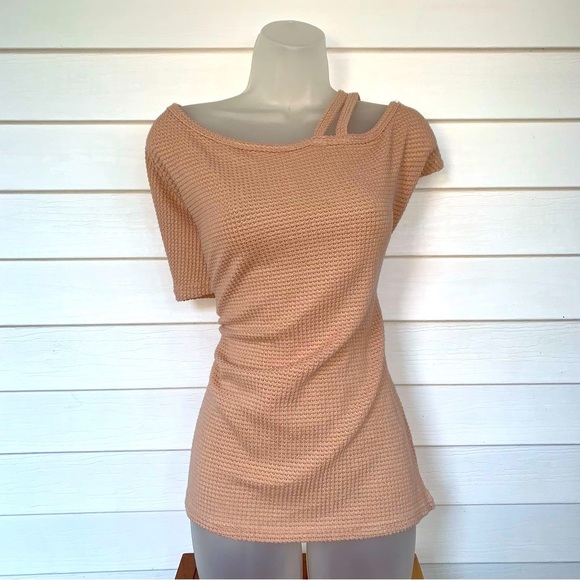 Women's Short Sleeve Tan Top NWT WAFFLE TEXTURE pink size XL - Picture 2 of 6